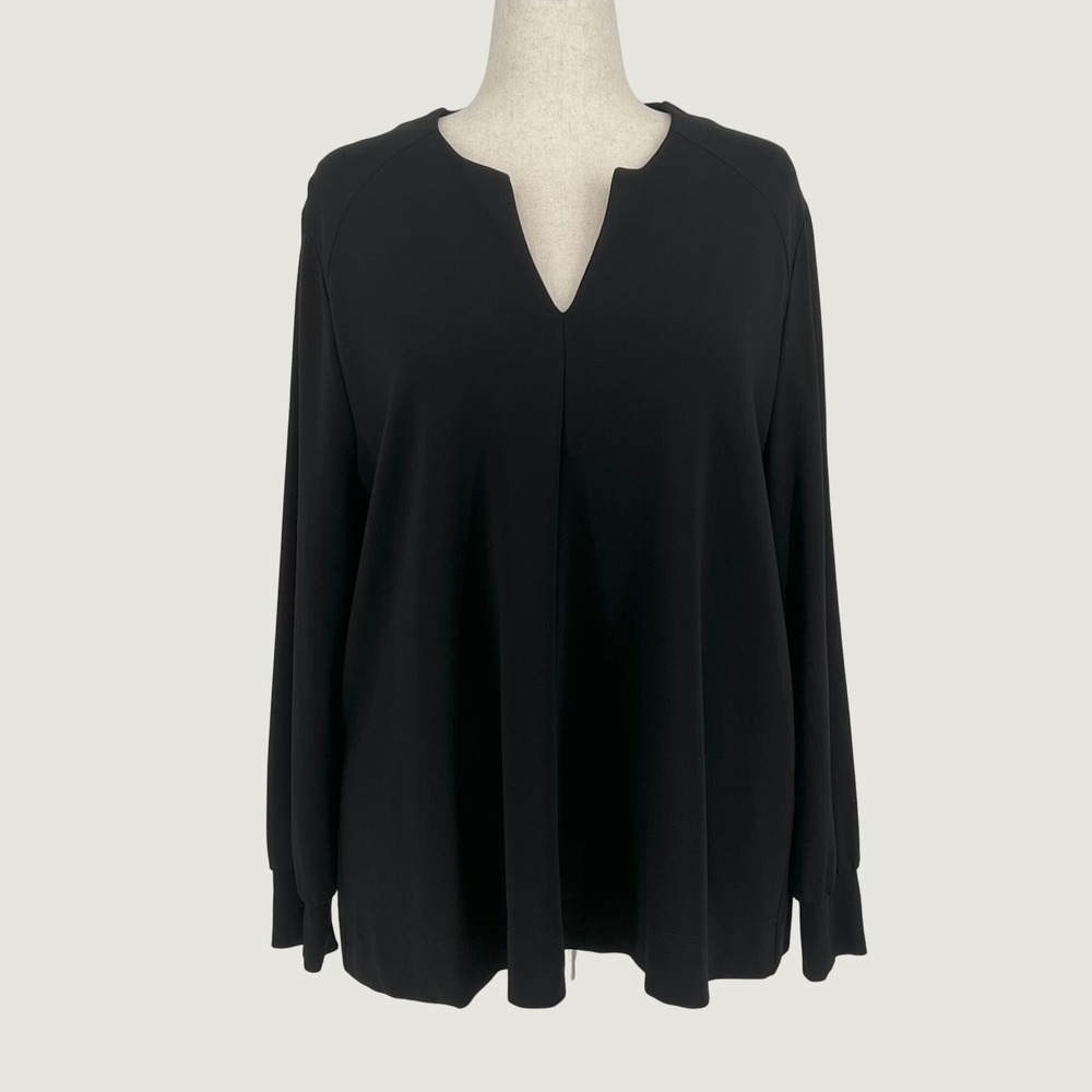 Chico's Womens Split V-Neck Long Sleeve Tunic Blouse Size XXL Black Relaxed Fit